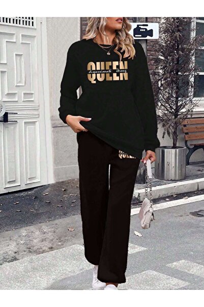 DUBU BUTİK Si̇yah Bi̇si̇klet Yaka Queen Baskili Eşofman Takimi