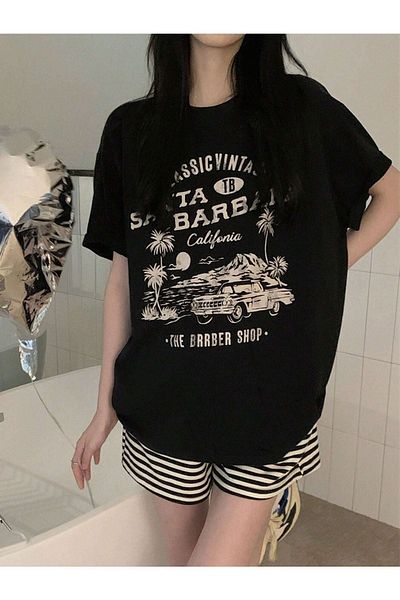 CLAYES Santa Barbara Printed Black Oversize T-Shirt - Crew Neck, Short Sleeve
