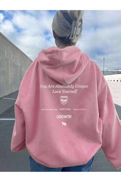 DUBU BUTİK Growth Keep Calm Sweatshirt - Pink Printed Oversize Thick Winter Hoodie