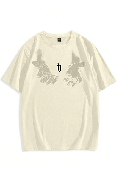 CLAYES Men's Hand Print Oversize Beige Printed T-shirt - Crew Neck Short Sleeve Comfortable Fit T-Shirt