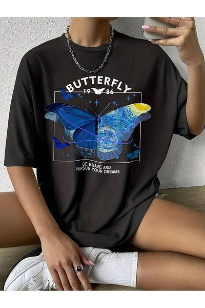 CLAYES Μπλουζάκι Butterfly 1986 Single Jersey - Μαύρο εμπριμέ κοντομάνικο μπλουζάκι με λαιμόκοψη