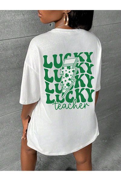 CLAYES Lucky Single Jersey - Tricou oversize cu imprimeu alb