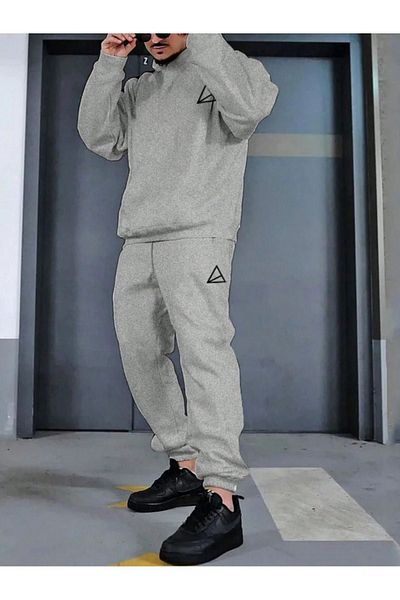 VBSVİBES طقم بدلة رياضية بشعار مثلث - سويت شيرت Jogger - هوديي بشريط كبير الحجم مطبوع باللون الرمادي