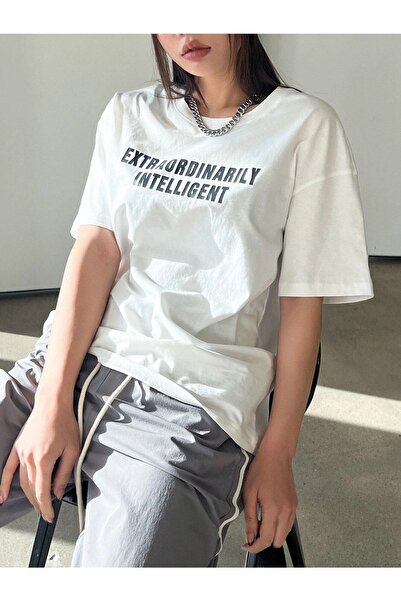 VBSVİBES Γυναικείο Πλεκτό Μπλουζάκι Λευκό Oversize με Εξαιρετικά Εκτυπωμένο