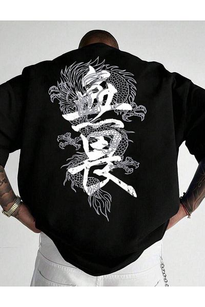 VBSVİBES BLACK OVERSIZE CUT JAPAN DRAGON PRINTED TSHIRT