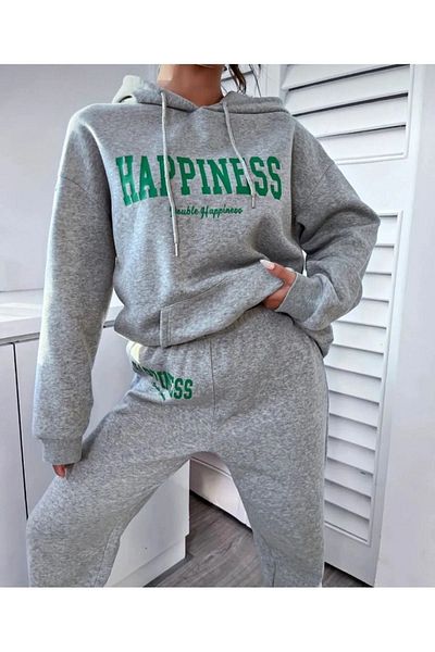 VBSVİBES GRAY Happiness Printed Hooded Combination Bottom Top Tracksuit Set