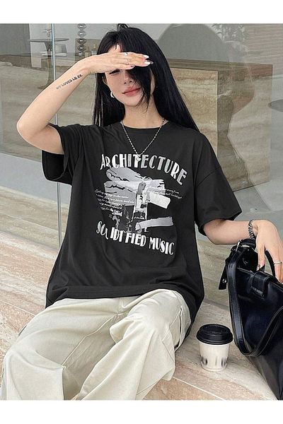 CLAYES Μπλουζάκι Architecture Single Jersey - Μαύρο εμπριμέ κοντομάνικο μπλουζάκι με λαιμόκοψη