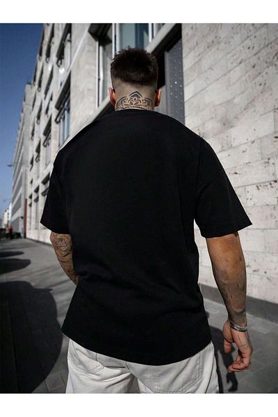 DUBU BUTİK Μπλουζάκι με μονό ζέρσεϊ Los Angeles Downtown - Μπλουζάκι με κοντό μανίκι με μαύρη στάμπα υπερμεγέθη με λαιμόκοψη