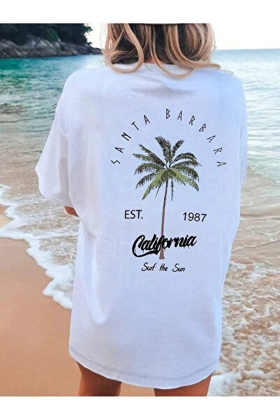 DUBU BUTİK California 1987 Single Jersey T-Shirt - White Printed Oversize Crew Neck Short Sleeve T-Shirt