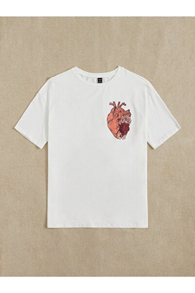 VBSVİBES تي شيرت نسائي محبوك أبيض كبير الحجم مطبوع عليه قلب