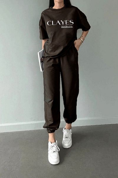 CLAYES Καφέ OvErsizE T-shirt και SwEatpants Set - CrEw NEck, Studio Co PrintEd
