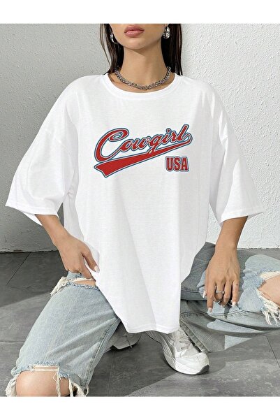 VBSVİBES Πλεκτό μπλουζάκι Unisex Λευκό Oversize Cowgril με στάμπα