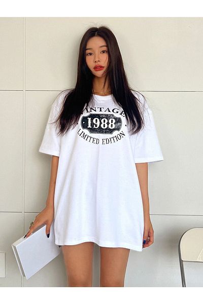 CLAYES Λευκό Oversize Vintage εμπριμέ μπλουζάκι - Oversize Printed