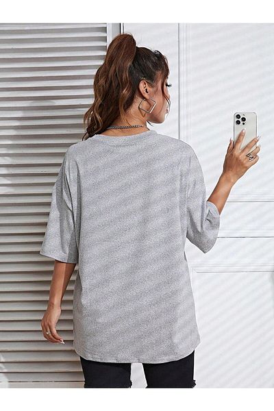 CLAYES Floral Pattern T-shirt - Gray Printed Oversize Crew Neck Short Sleeve T-Shirt