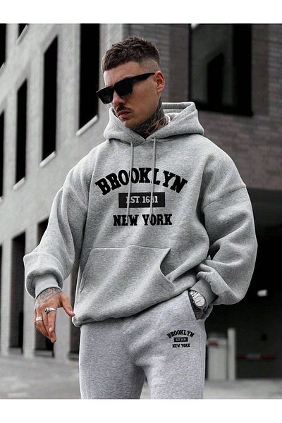 VBSVİBES طقم بدلة رياضية Brooklyn 1631 Sweatshirt Jogger - هوديي بشريط كبير الحجم مطبوع باللون الرمادي