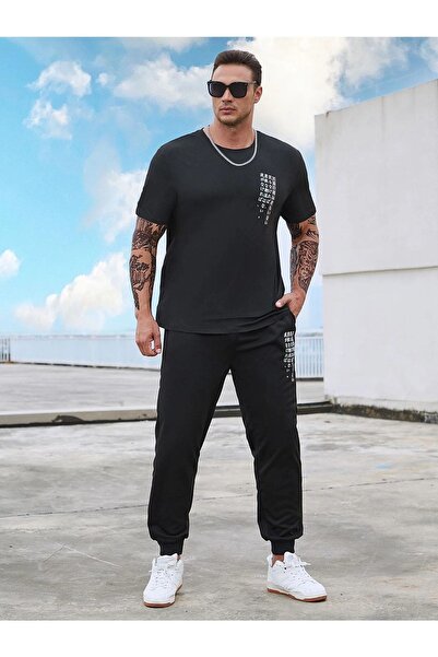 CLAYES Chinese T-shirt Sweatpants Jogger- Black Printed Bottom Top Sweat Suit Oversize Crew Neck