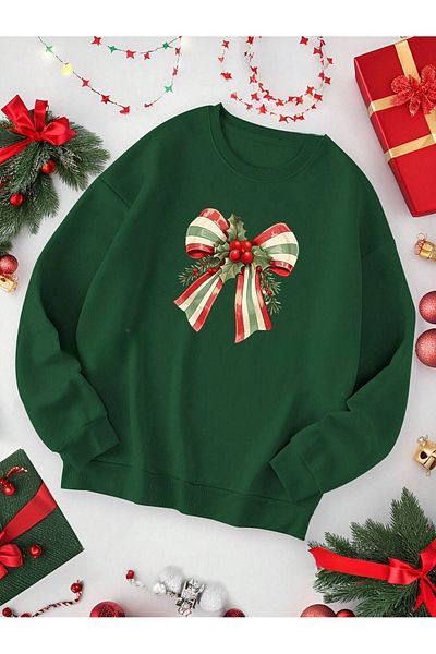 DUBU BUTİK Nefti Green Ribbon Printed Oversize Unisex Sweatshirt - Crew Neck Thick Winter