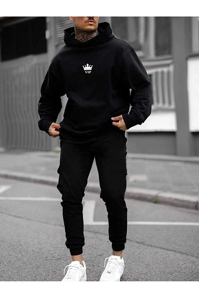 DUBU BUTİK Σετ φόρμας Vip Φούτερ Jogger - Μαύρο εμπριμέ Oversize Hooded