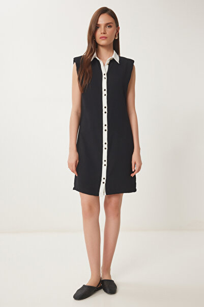 Lovelyİstanbul Πουκάμισο αφής με βάτα αντίθεσης με κόκκαλο μαύρο με ζώνη LHC0009