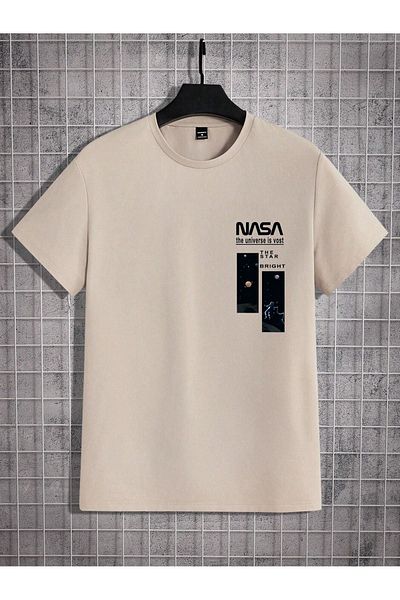 DUBU BUTİK Μπεζ μπλουζάκι Oversize Nasa Printed - Oversize Printed