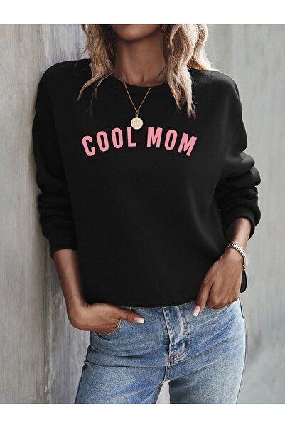 VBSVİBES Unisex Oversize Black Cool Mom Printed Crew Neck Sweatshirt