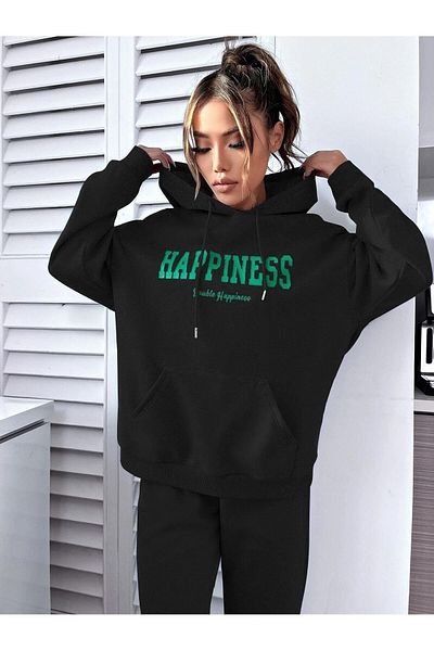 CLAYES Σετ αθλητικής φόρμας Happiness Φούτερ Jogger - Μαύρη στάμπα Oversize Raised Hooded