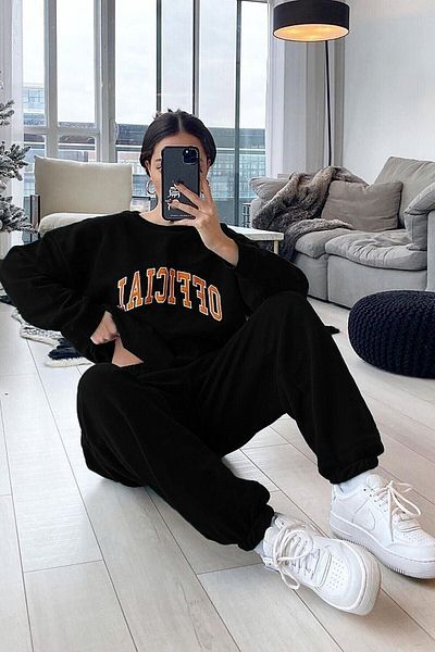 DUBU BUTİK طقم رياضي رسمي سويت شيرت Jogger - رقبة دائرية كبيرة الحجم مطبوعة باللون الأسود