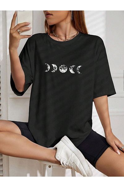 CLAYES Oversize Moon Phase T-Shirt - Μαύρο, Crew Neck, Κοντό μανίκι