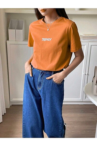 DUBU BUTİK Orange Printed Oversize Unisex T-Shirt - Comfortable Fit, Crew Neck