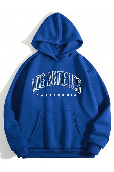DUBU BUTİK Los Angeles California Sweatshirt - Sax Blue Printed Oversize Hoodie