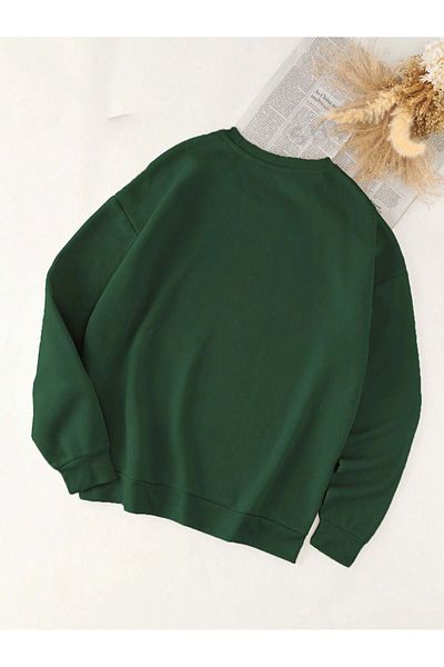 DUBU BUTİK Nefti Green Ribbon Printed Oversize Unisex Sweatshirt - Crew Neck Thick Winter