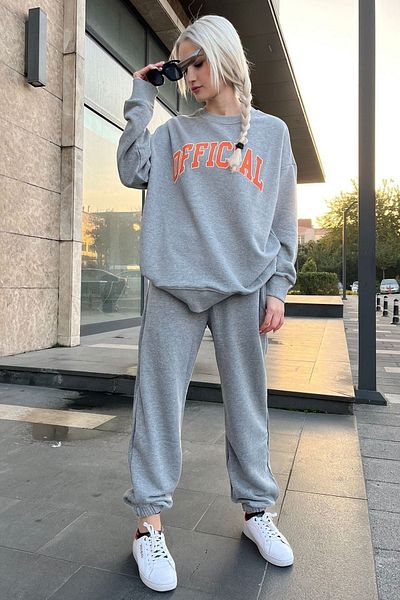 DUBU BUTİK Επίσημο σετ αθλητικής φόρμας Jogger - Γκρι εμπριμέ Oversize Crew Neck