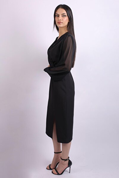 SpringStore Siyah Kolları Şifon Krep Abiye Elbise