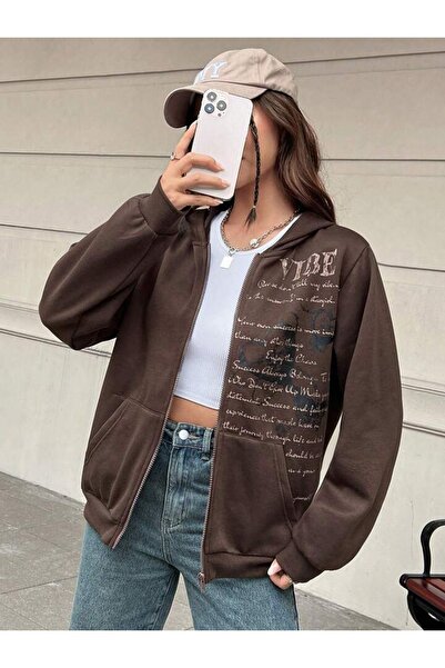 CLAYES Кафяв оувърсайз кардиган с качулка Vibe - с щампа