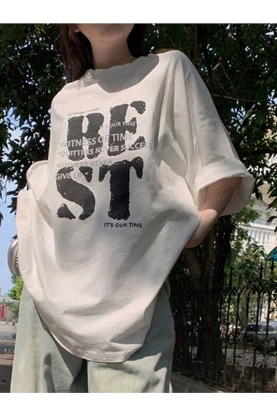 CLAYES Oversize Λευκό εμπριμέ T-Shirt - Crew Neck, κοντό μανίκι