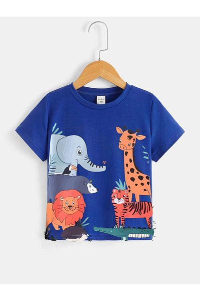DUBU BUTİK Animals Cotton Children's T-Shirt - Saks Blue Printed Girls Boys' Summer Crew Neck T-Shirt