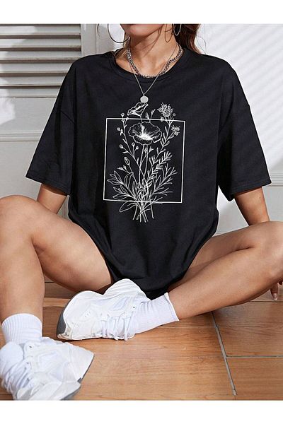 CLAYES Floral Pattern T-shirt - Black Printed Oversize Crew Neck Short Sleeve T-Shirt