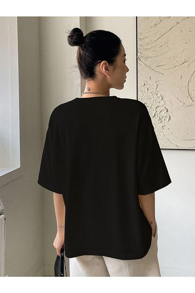 VBSVİBES Women's Black Oversize Balance Printed Knitted T-shirt