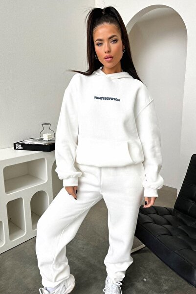 DUBU BUTİK That So Fetch Sweatpants Set Sweatshirt Jogger - White Printed Oversize Raster Hooded