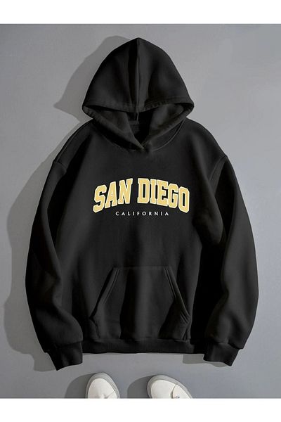 DUBU BUTİK San Diego Sweatshirt - Black Printed Oversize Hoodie