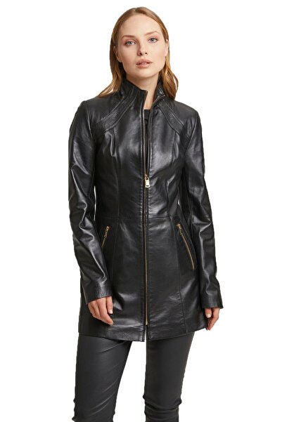 Deriderim Siyah Else Fermuarlı Astarlı Dar Fit Kesim Kadın Hakiki Deri Kaban