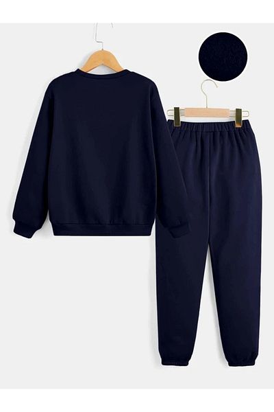 CLAYES Los Angeles Handwritten Tracksuit Set Sweatshirt Jogger - Navy Blue Printed Oversize Crew Neck