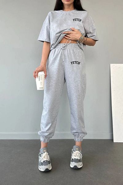 CLAYES T-shirt Sweatpants Jogger- Σετ φόρμας με γκρι στάμπα κάτω από το επάνω μέρος Oversize Crew Neck