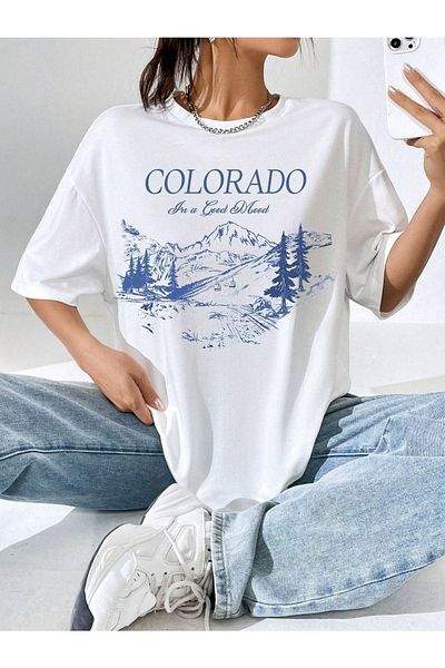 CLAYES Λευκό εμπριμέ μπλουζάκι Colorado - Oversize Crew Neck