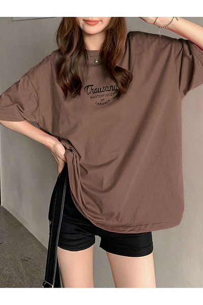 DUBU BUTİK Thousand Single Jersey T-Shirt - Brown printed Oversize Crew Neck κοντομάνικο T-shirt