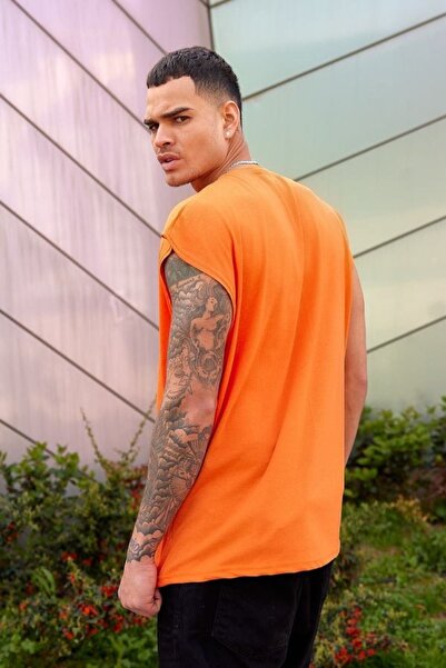 DUBU BUTİK Orange Fakir Athlete Sleeveless T-Shirt - Crew Neck