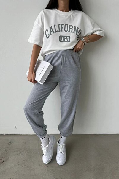 CLAYES California Usa Beyaz T-shirt Gri Eşofman Altı Jogger - Baskılı Alt Üst Takım Oversize Bisiklet Yaka