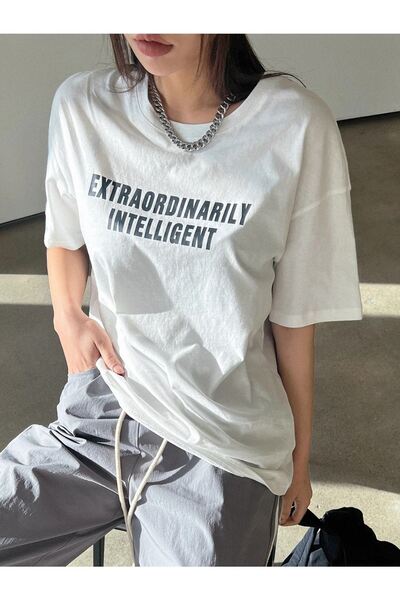 VBSVİBES Γυναικείο Πλεκτό Μπλουζάκι Λευκό Oversize με Εξαιρετικά Εκτυπωμένο