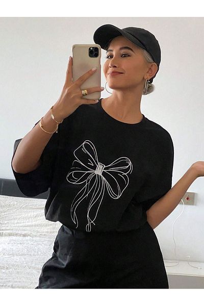 DUBU BUTİK Κορδέλες Μονό Ζέρσεϊ Μαύρο T-Shirt - Oversize Crew Neck, Κοντό μανίκι εμπριμέ
