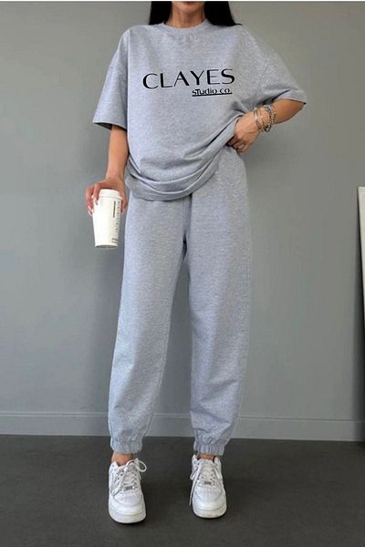CLAYES Γκρι μπλουζάκι OvErsizE και Σετ παντελόνι - CrEw NEck, Studio Co PrintEd